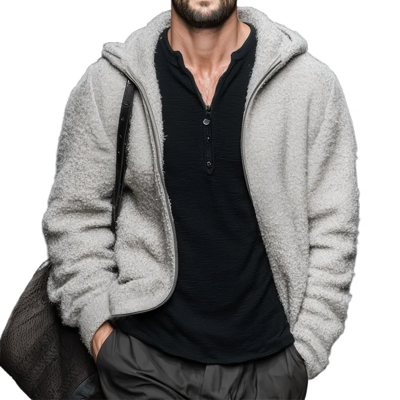 Men's Casual Light Grey Polar Fleece Zip-Up Hooded Jacket MTA2229J6U sold by Manly