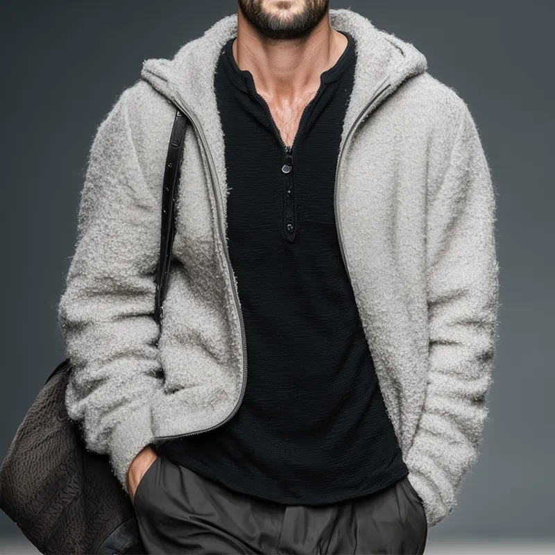 Men's Casual Light Grey Polar Fleece Zip-Up Hooded Jacket MTA2229J6U sold by Manly product image thumbnail 4