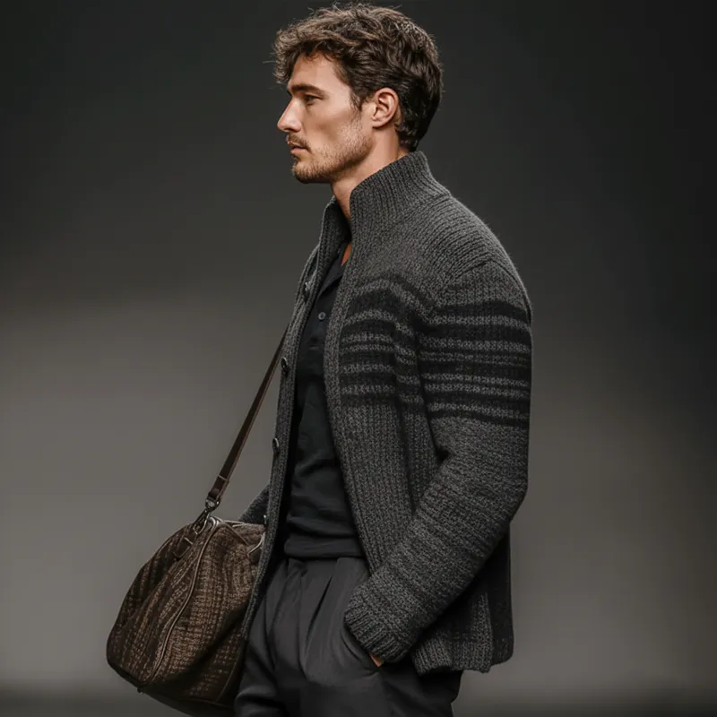 Men's Casual Colorblock Dark Grey Stand Collar Knitted Cardigan MTA2204J2U sold by Manly product image thumbnail 3