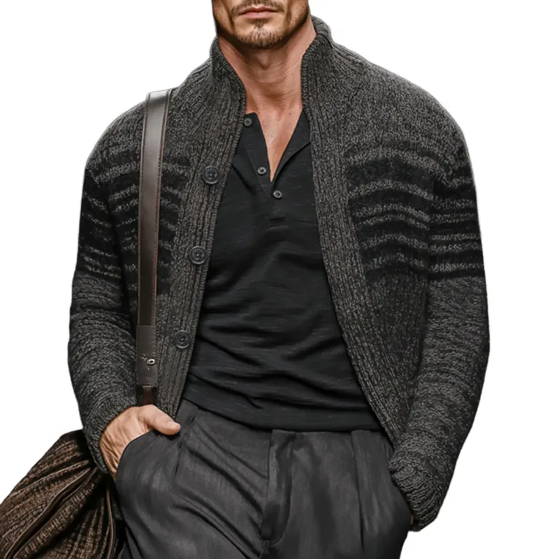 Men's Casual Colorblock Dark Grey Stand Collar Knitted Cardigan MTA2204J2U sold by Manly