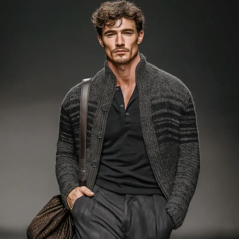 Men's Casual Colorblock Dark Grey Stand Collar Knitted Cardigan MTA2204J2U sold by Manly product image thumbnail 2