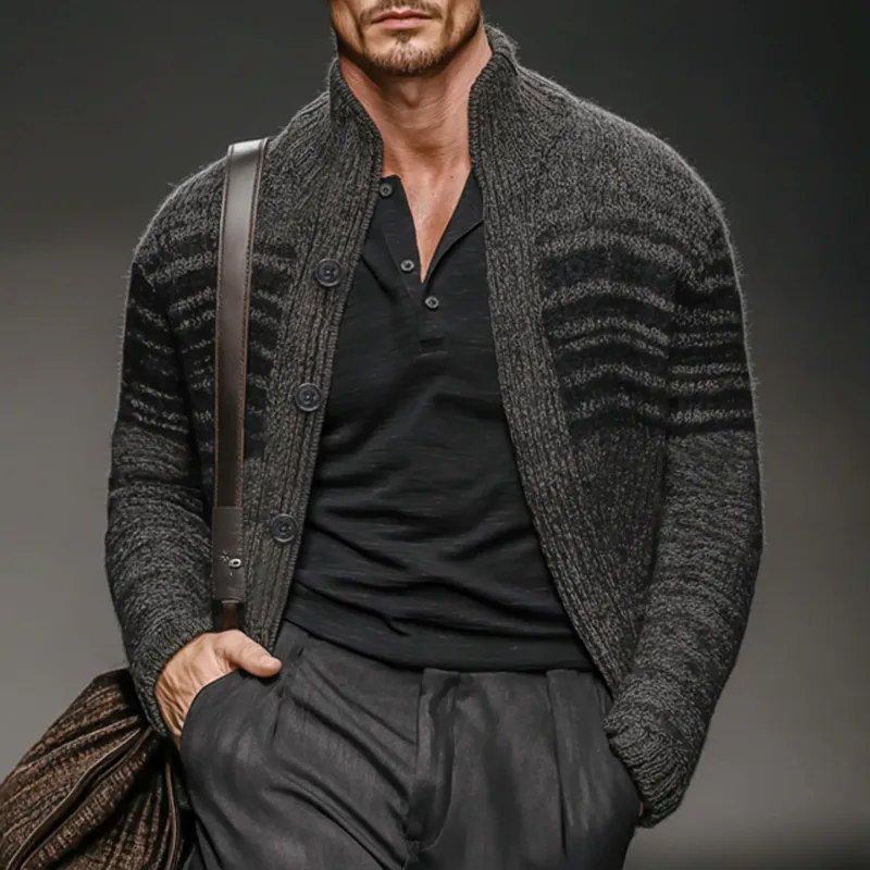 Men's Casual Colorblock Dark Grey Stand Collar Knitted Cardigan MTA2204J2U sold by Manly product image thumbnail 5