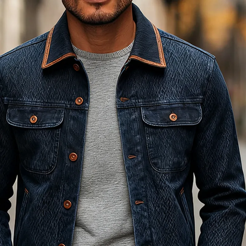 Men's Vintage Washed Textured Lapel Single-breasted Denim Jacket MTA2004J1X sold by Manly product image thumbnail 3