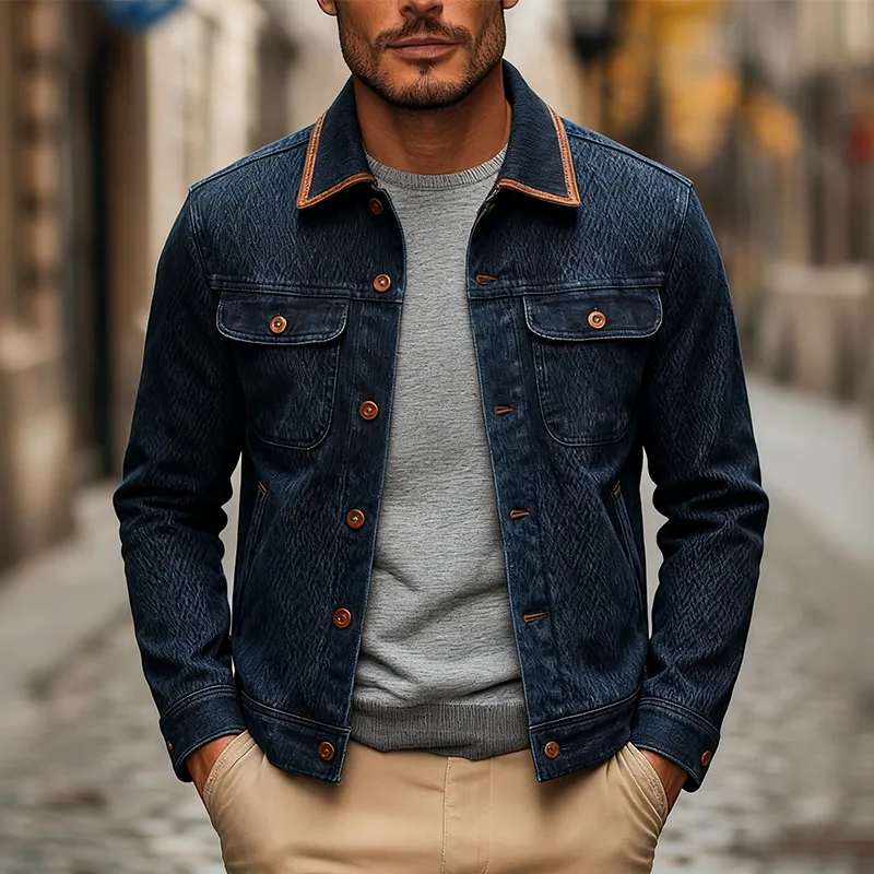 Men's Vintage Washed Textured Lapel Single-breasted Denim Jacket MTA2004J1X sold by Manly product image thumbnail 2