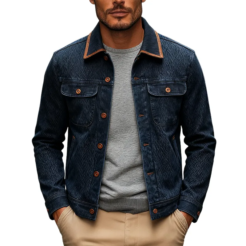 Men's Vintage Washed Textured Lapel Single-breasted Denim Jacket MTA2004J1X sold by Manly