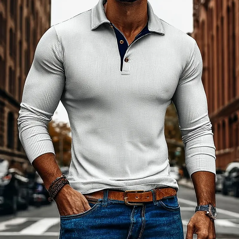 Men's Contrasting Color Slim Fit Knitted Striped Long-sleeved POLO Shirt MTA2246J1X sold by Manly product image thumbnail 4