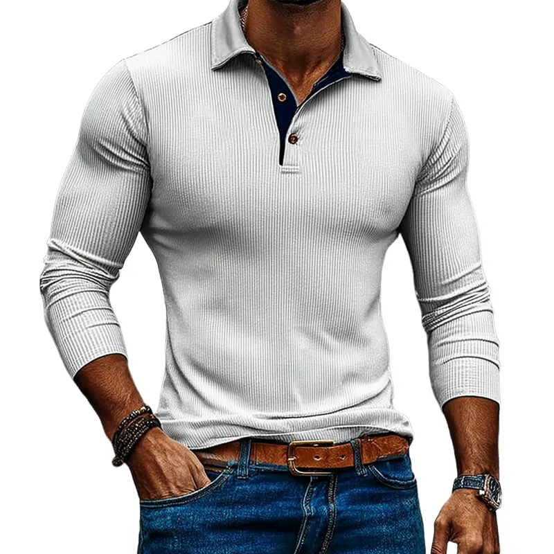 Men's Contrasting Color Slim Fit Knitted Striped Long-sleeved POLO Shirt MTA2246J1X sold by Manly
