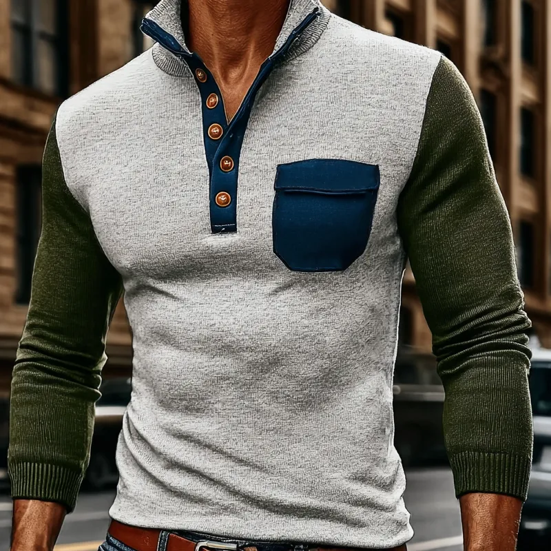 Men's Contrasting Color Casual Stand Collar Knitted Sweater MTA2237J7X sold by Manly product image thumbnail 2