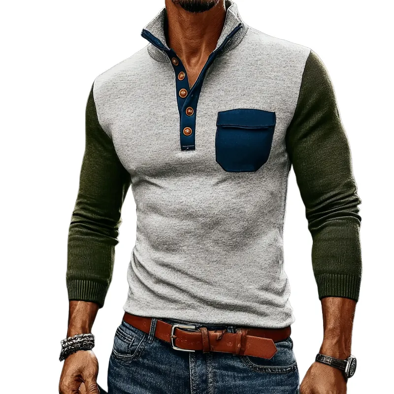 Men's Contrasting Color Casual Stand Collar Knitted Sweater MTA2237J7X sold by Manly