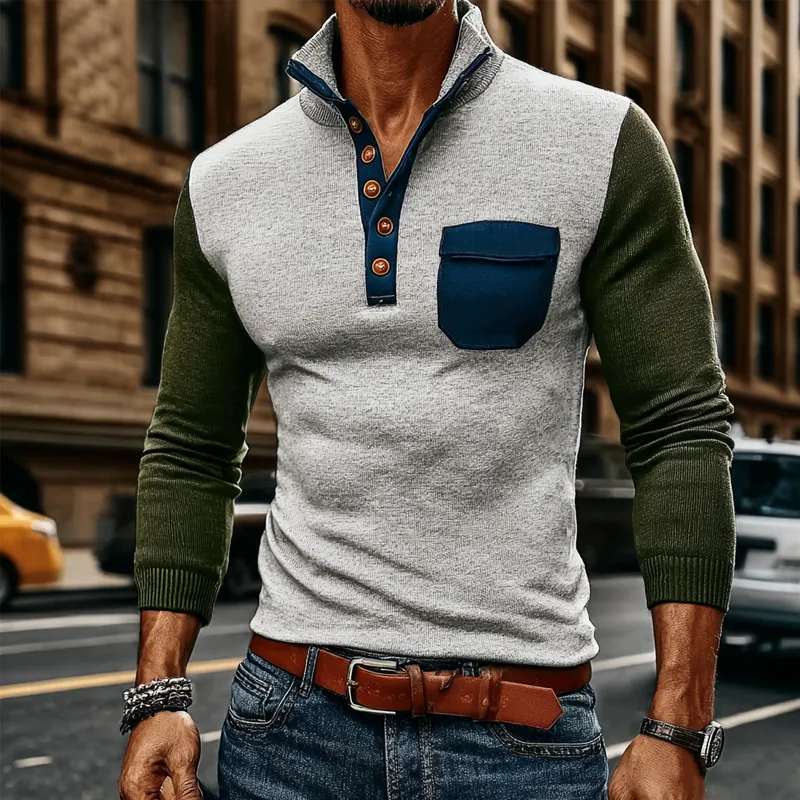 Men's Contrasting Color Casual Stand Collar Knitted Sweater MTA2237J7X sold by Manly product image thumbnail 4