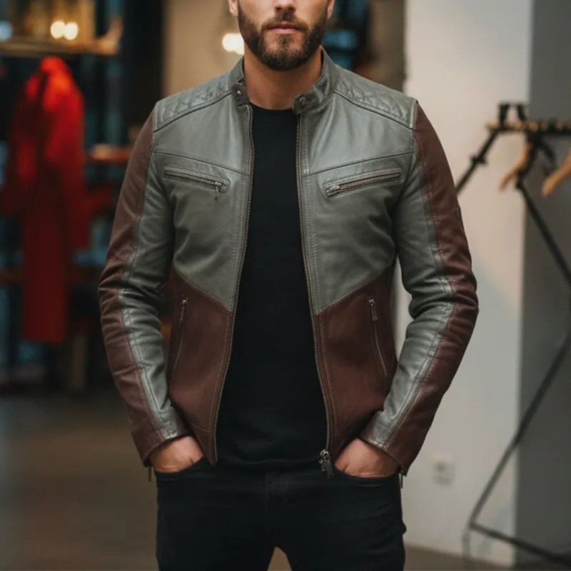 Men's Winter Retro Contrast Color Stitching PU Faux Leather Jacket MTA2182J8P sold by Manly product image thumbnail 2