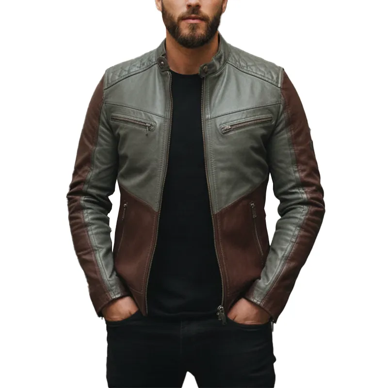 Men's Winter Retro Contrast Color Stitching PU Faux Leather Jacket MTA2182J8P sold by Manly