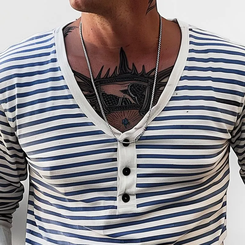 Men's Navy Style Striped V Neck Long Sleeve T-shirt 46072697Z sold by Manly product image thumbnail 3