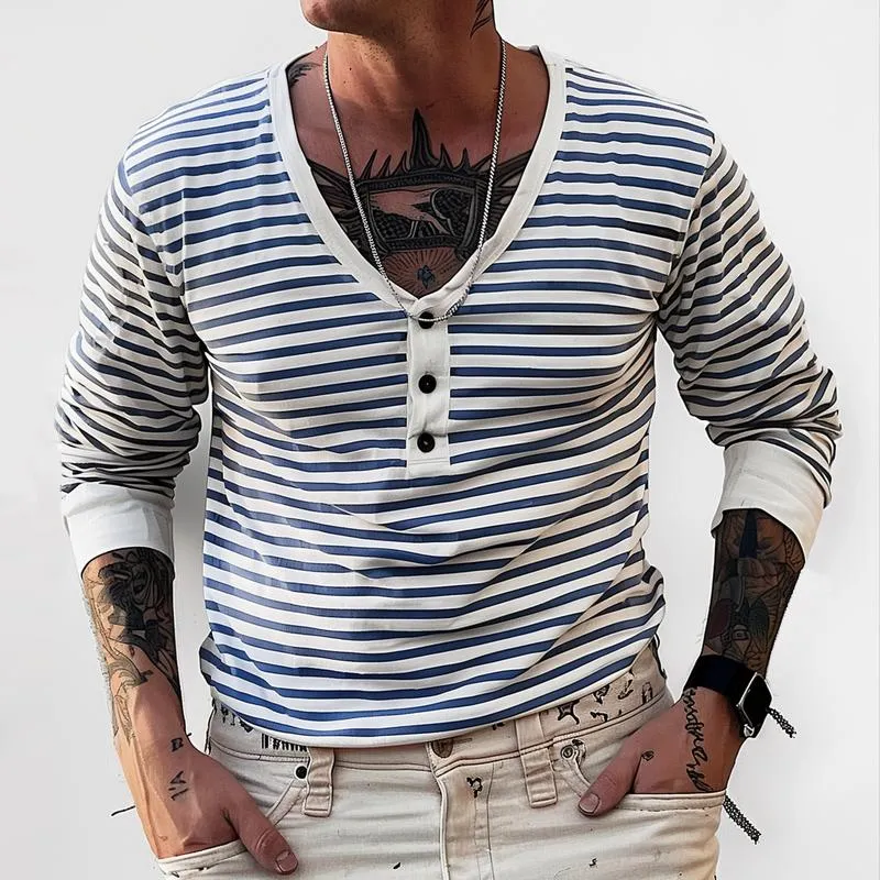 Men's Navy Style Striped V Neck Long Sleeve T-shirt 46072697Z sold by Manly product image thumbnail 2
