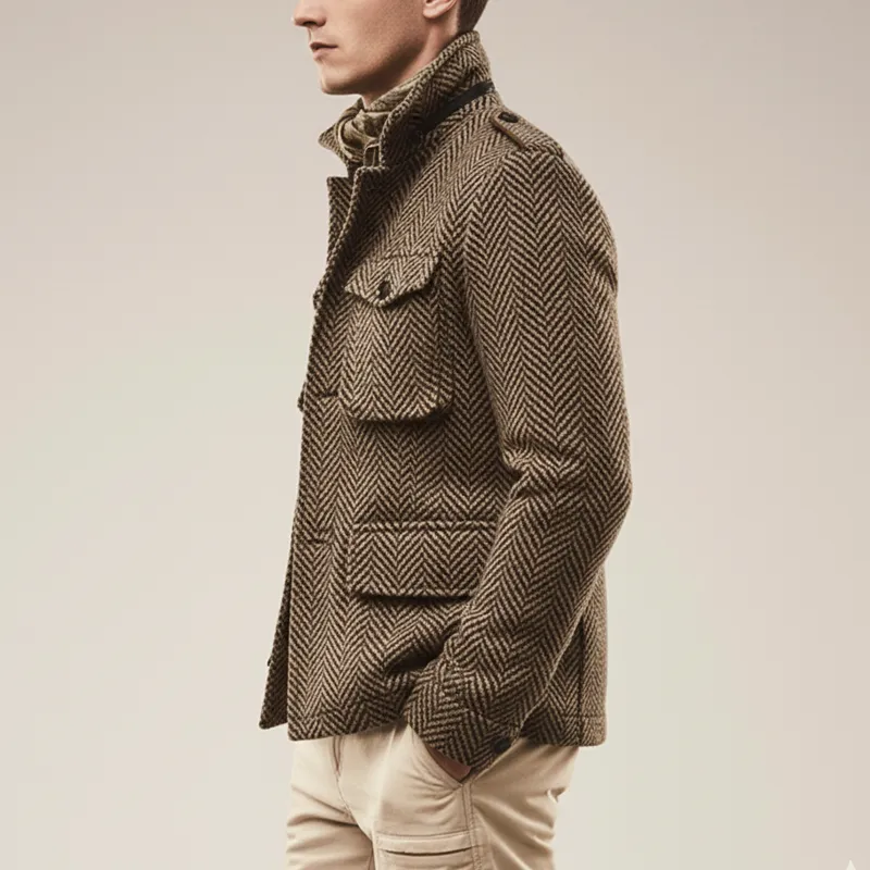 Men's Classic Vintage Khaki Herringbone Faux Wool Jacket MTA2729J4U sold by Manly product image thumbnail 4