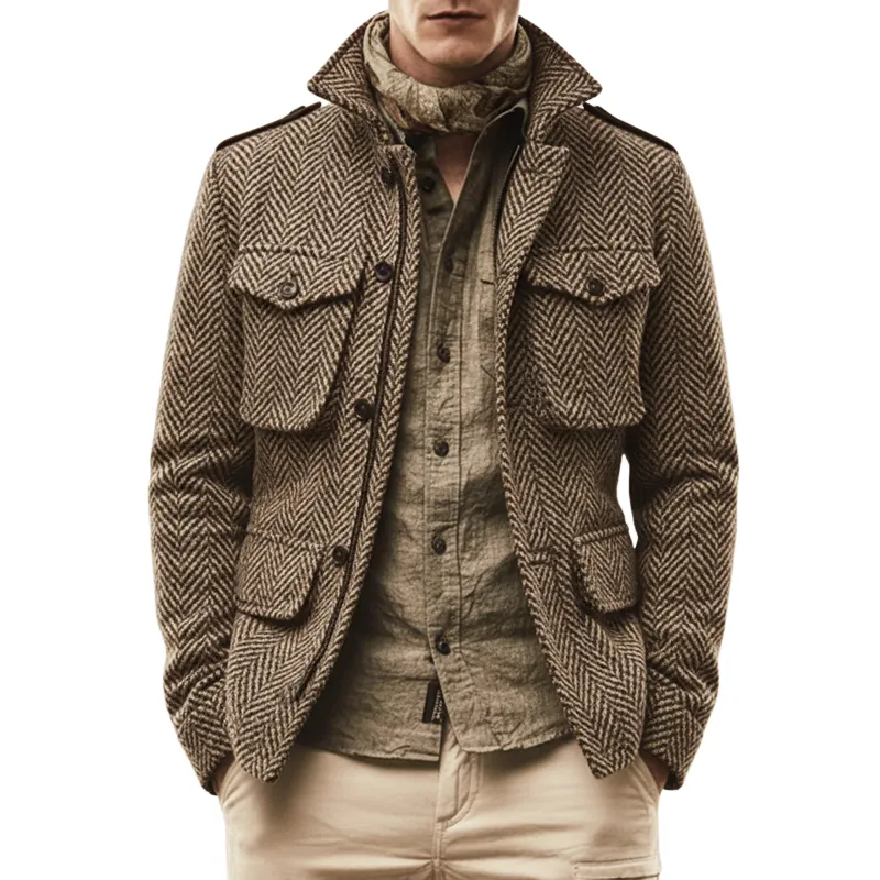 Men's Classic Vintage Khaki Herringbone Faux Wool Jacket MTA2729J4U sold by Manly