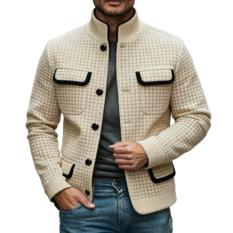 Men's Casual Plaid Blend Stand Collar Contrast Color Jacket MTA2572J9X sold by Manly