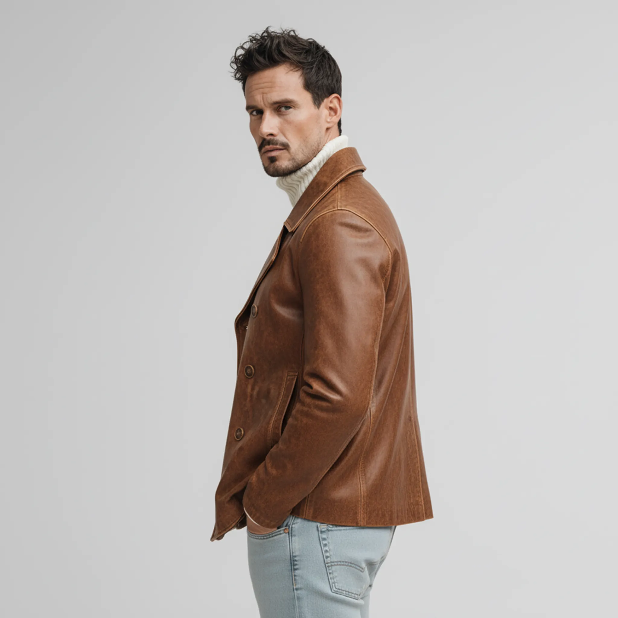 Men's Classic Retro Lapel PU Leather Double-breasted Jacket MTA2231J0K sold by Manly product image thumbnail 4