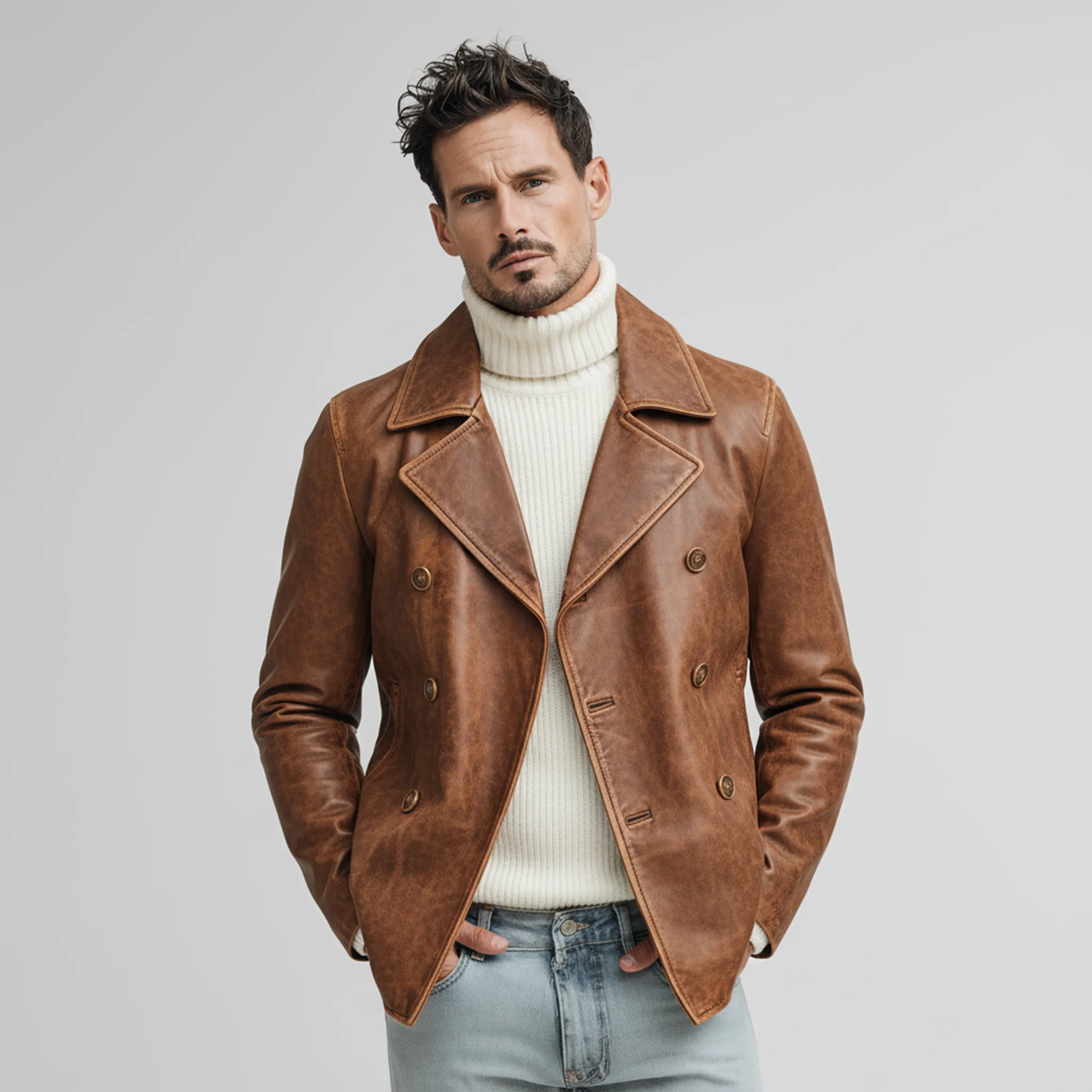 Men's Classic Retro Lapel PU Leather Double-breasted Jacket MTA2231J0K sold by Manly product image thumbnail 2