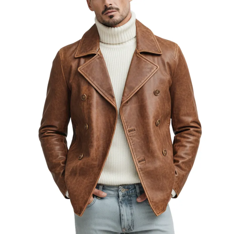 Men's Classic Retro Lapel PU Leather Double-breasted Jacket MTA2231J0K sold by Manly