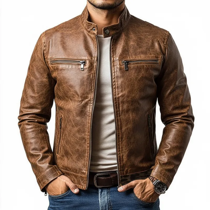 Men's Classic Retro Stand Collar PU Leather Zipper Jacket MTA2504J9K sold by Manly