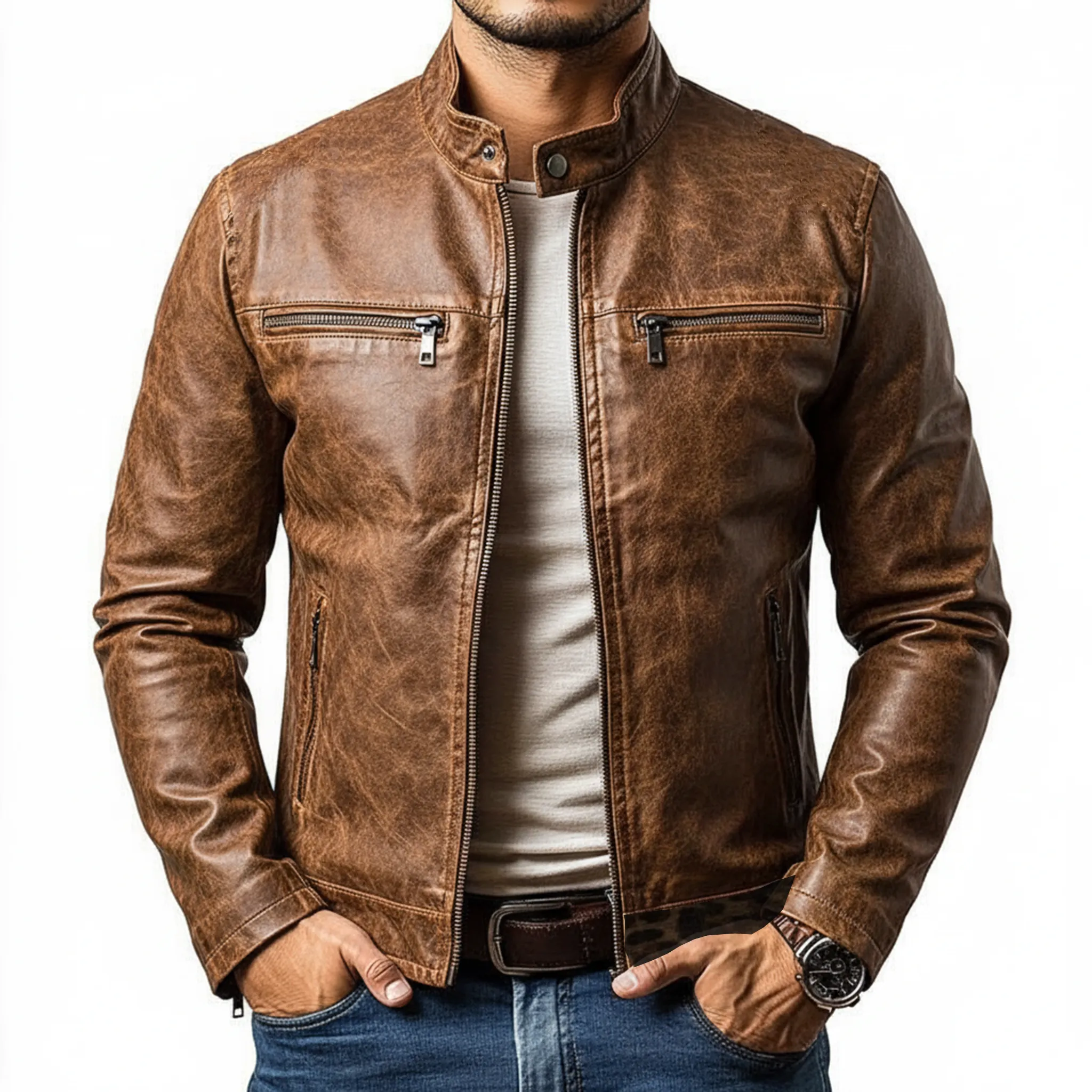 Men's Classic Retro Stand Collar PU Leather Zipper Jacket MTA2504J9K sold by Manly