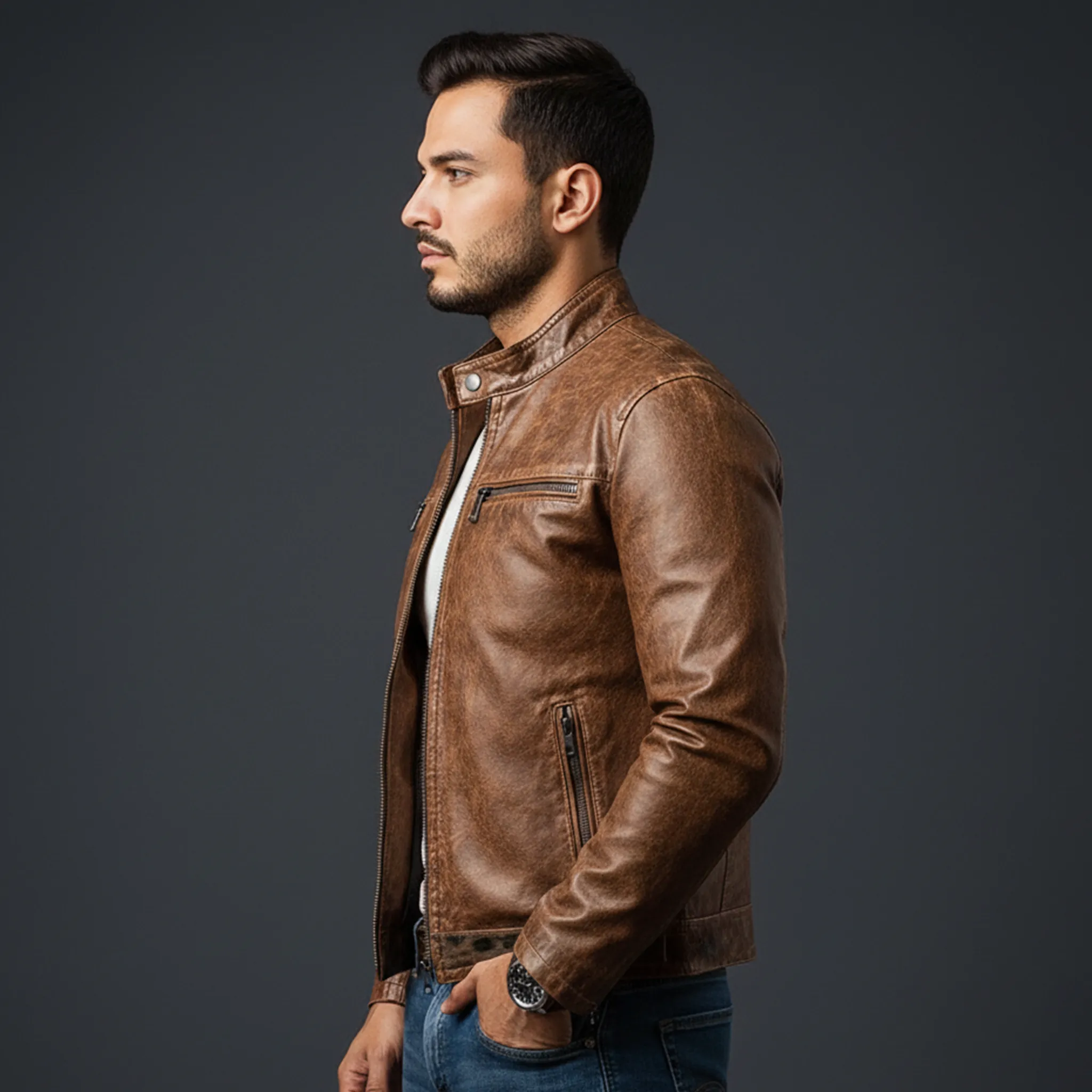 Men's Classic Retro Stand Collar PU Leather Zipper Jacket MTA2504J9K sold by Manly product image thumbnail 2