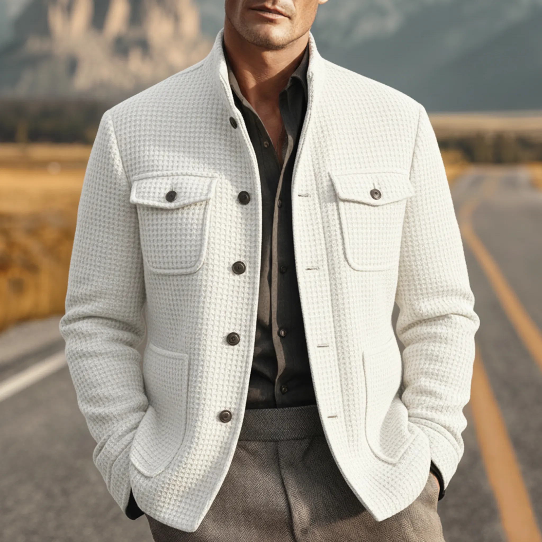 Men's Classic Retro Stand Collar Multi-pocket Waffle Jacket MTA2500J8K sold by Manly product image thumbnail 2