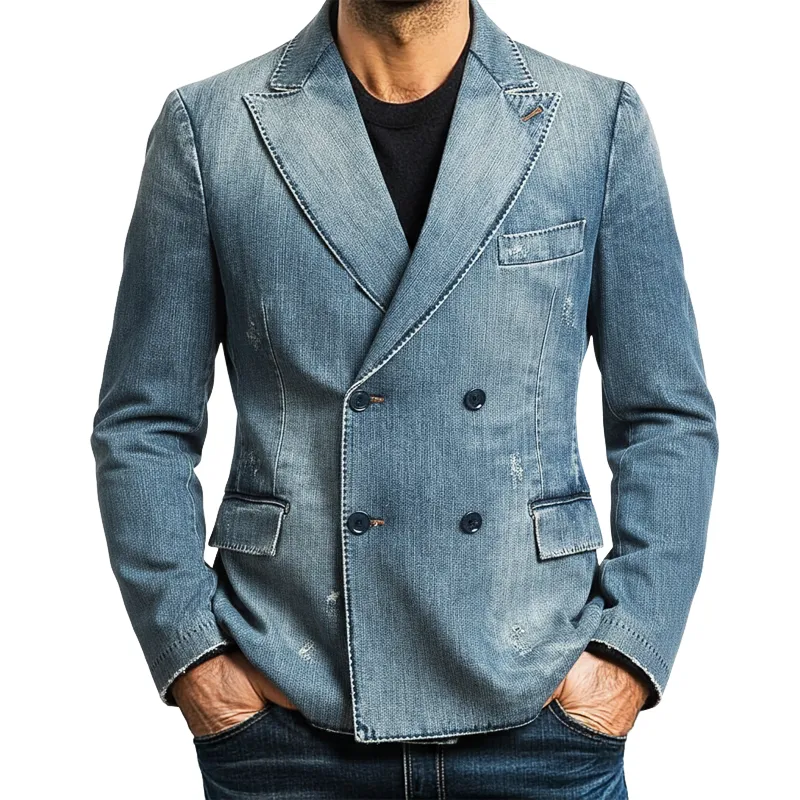 Men's Stylish Double-breasted Double-slit Distressed Denim Blazer MTA2482J9U sold by Manly