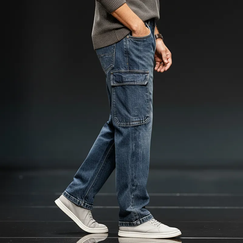 Men's Classic Straight-leg Dark Blue Multi-pocket Jeans MTA2493J3U sold by Manly product image thumbnail 3