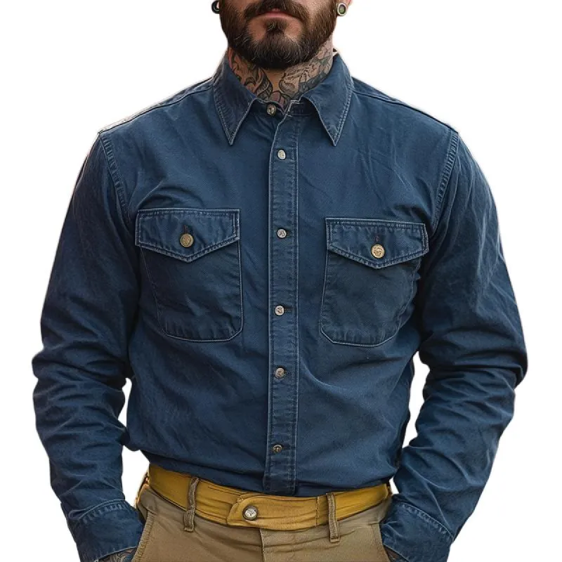 Men's Vintage Solid Color Lapel Chest Pocket Denim Shirt 23711273Z sold by Manly