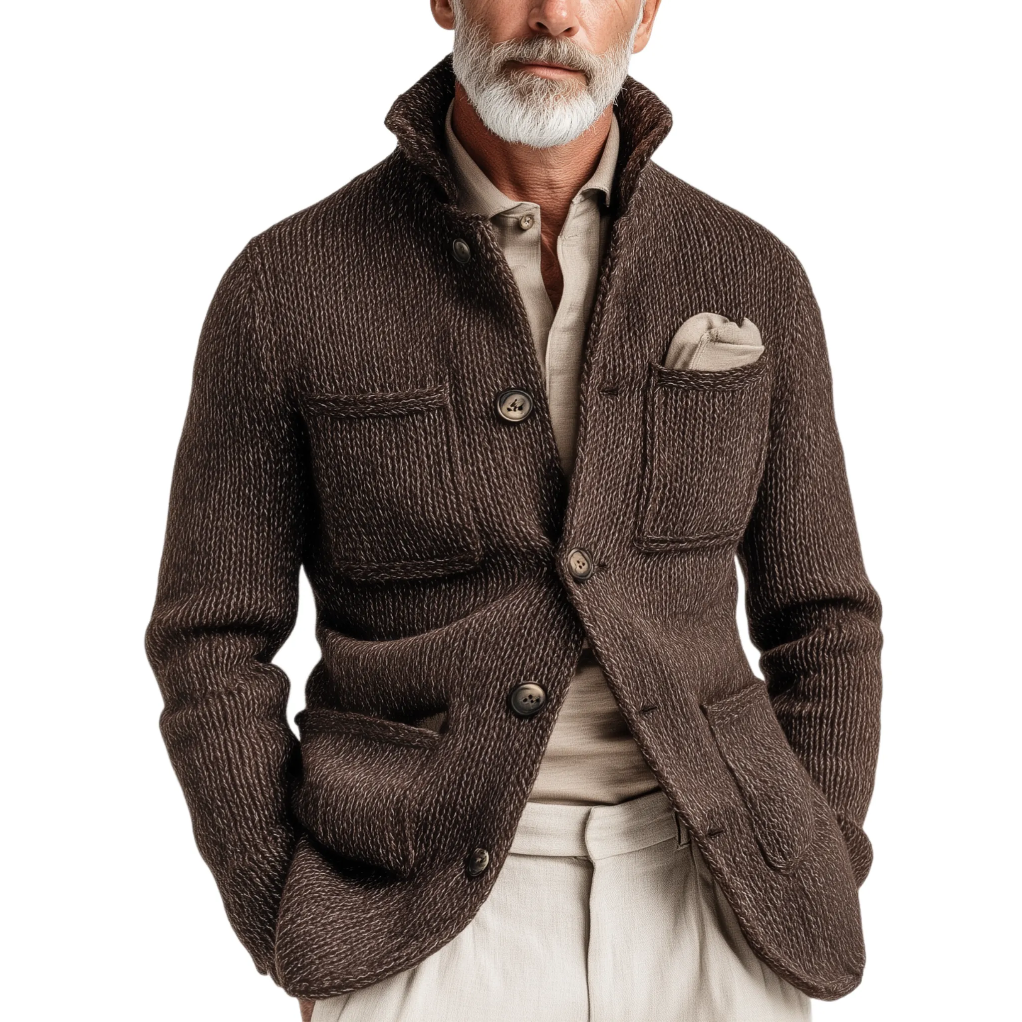 Men's Classic Casual Stand-up Collar Single-breasted Multi-pocket Knit Cardigan MTA3060J2K sold by Manly