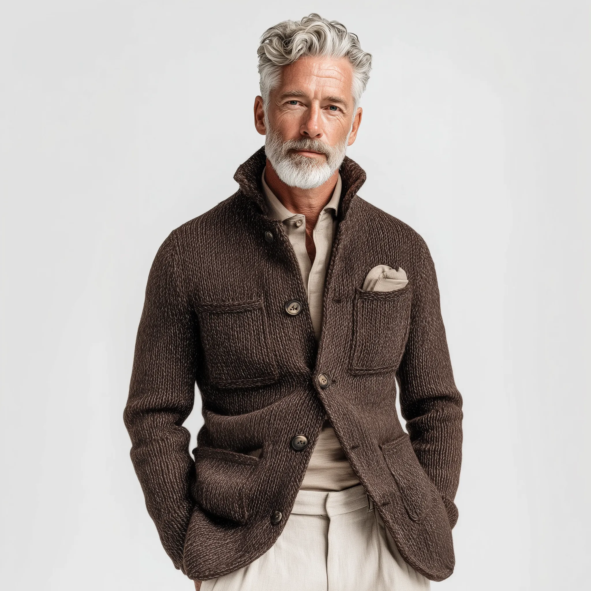 Men's Classic Casual Stand-up Collar Single-breasted Multi-pocket Knit Cardigan MTA3060J2K sold by Manly product image thumbnail 2