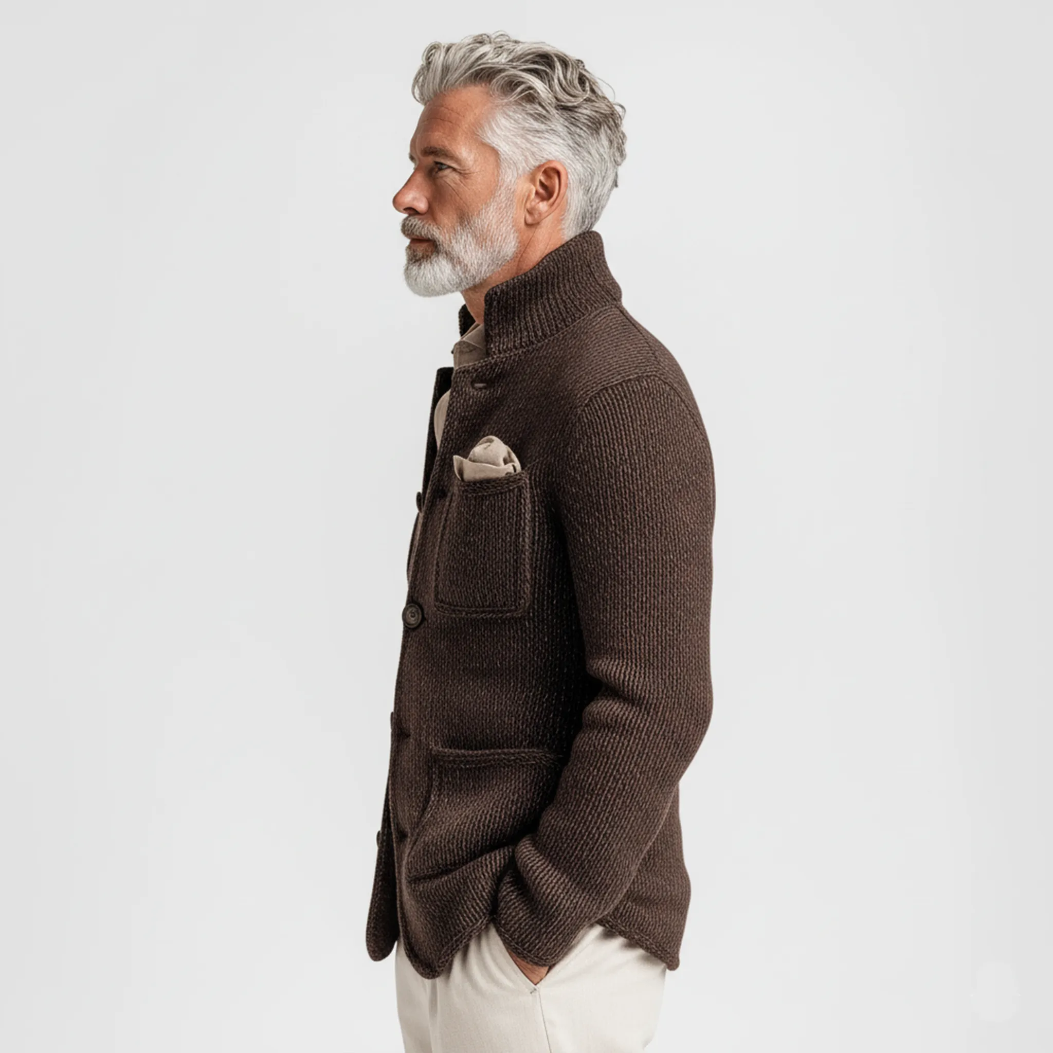 Men's Classic Casual Stand-up Collar Single-breasted Multi-pocket Knit Cardigan MTA3060J2K sold by Manly product image thumbnail 5