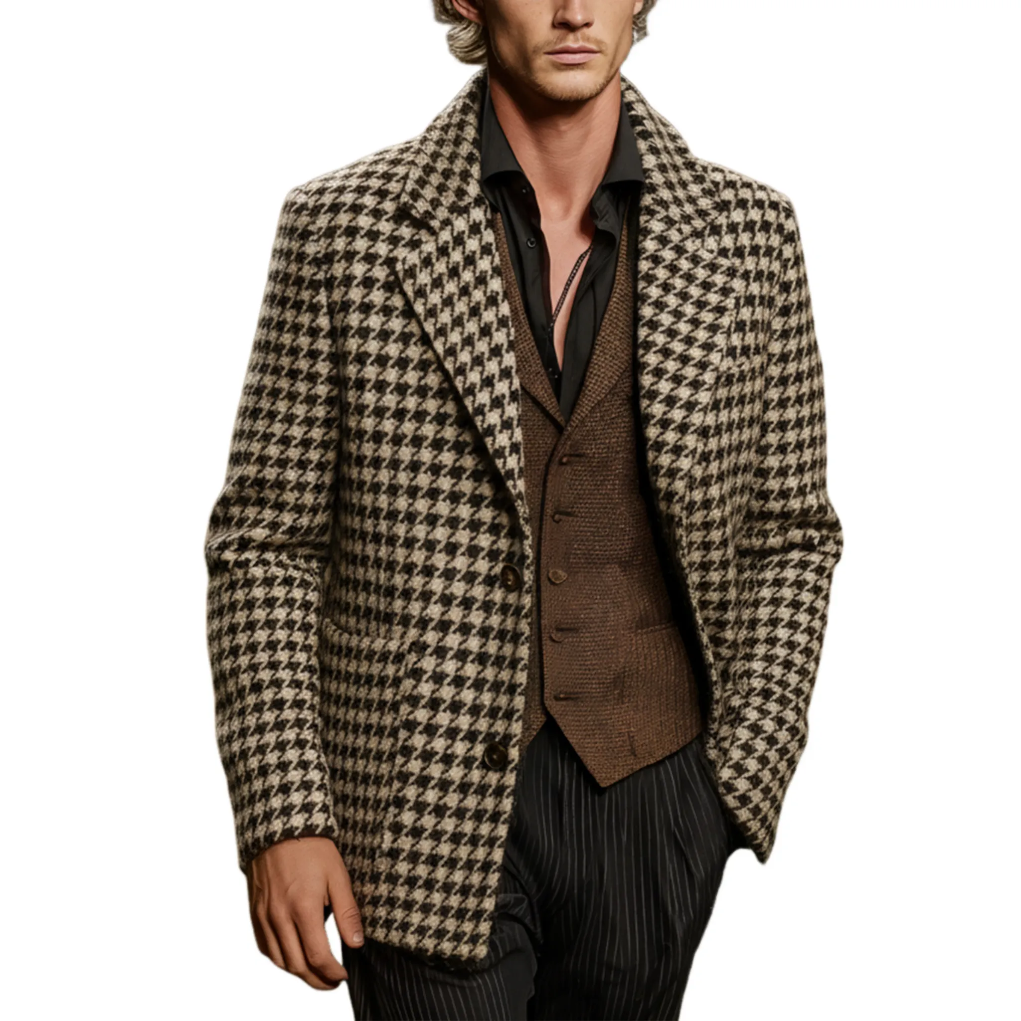 Men's Classic Business Casual Faux Houndstooth Wool Single-breasted Coat MTA3040J1K sold by Manly