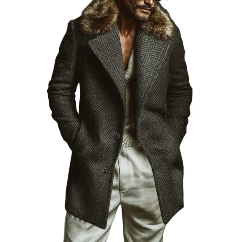 Men's Classic Casual Fur Collar Faux Herringbone Wool Single-breasted Coat MTA3010J1K sold by Manly