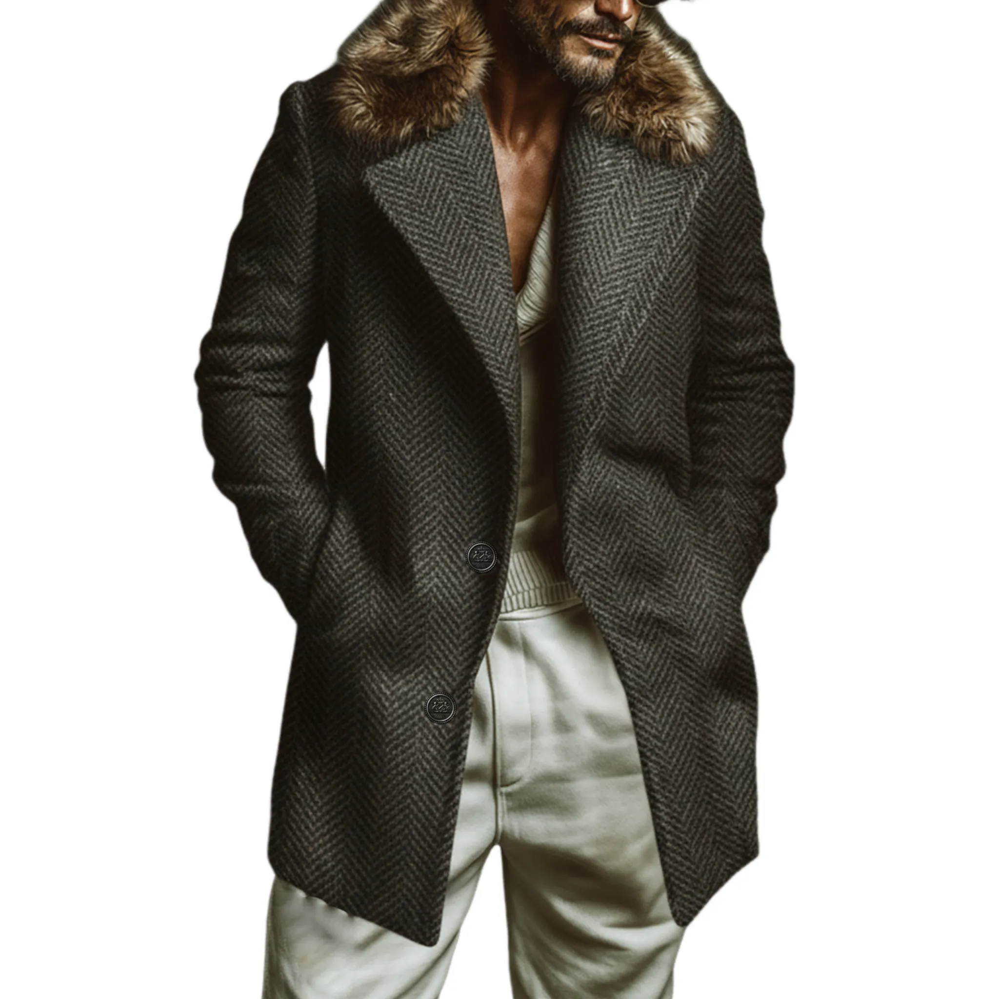 Men's Classic Casual Fur Collar Faux Herringbone Wool Single-breasted Coat MTA3010J1K sold by Manly