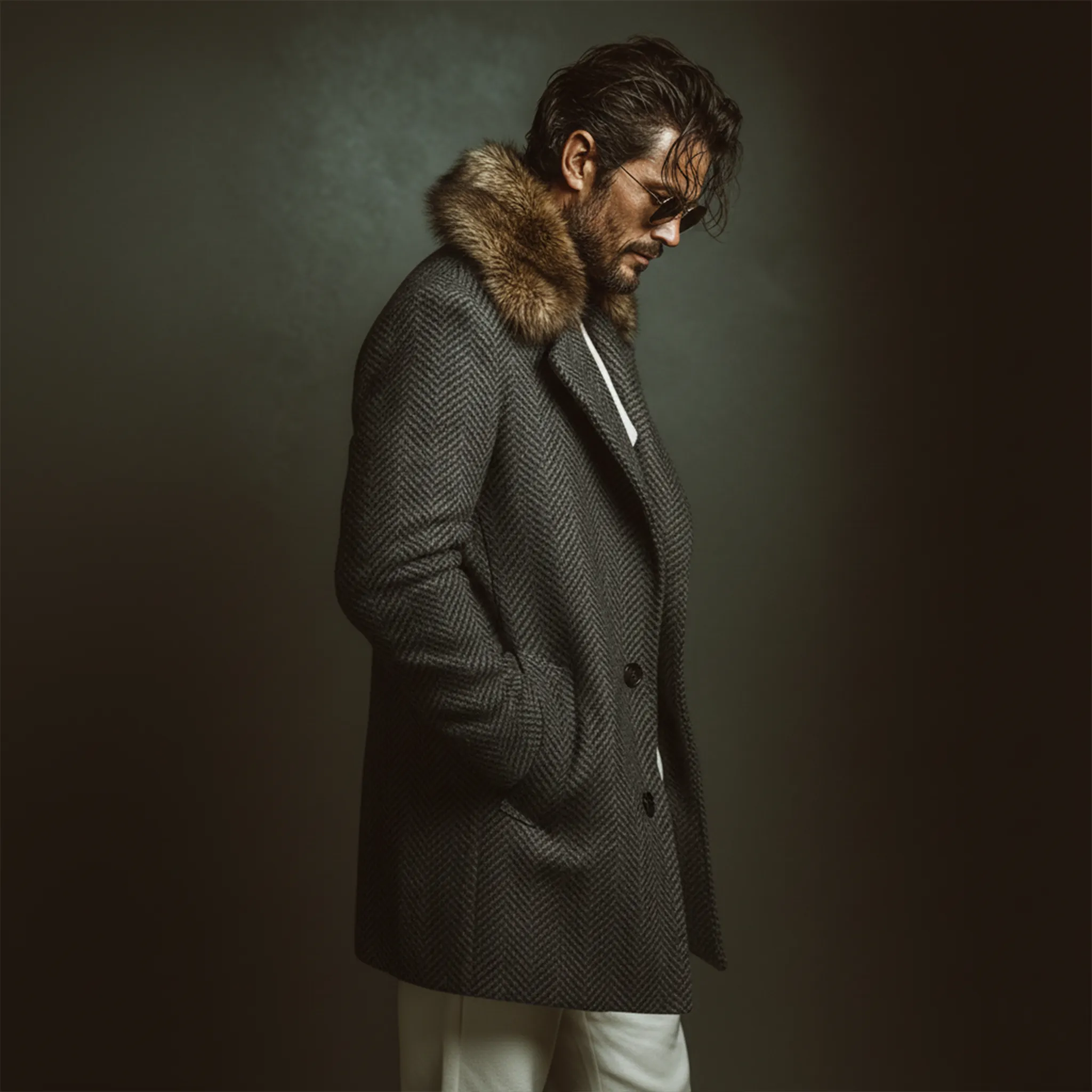 Men's Classic Casual Fur Collar Faux Herringbone Wool Single-breasted Coat MTA3010J1K sold by Manly product image thumbnail 3