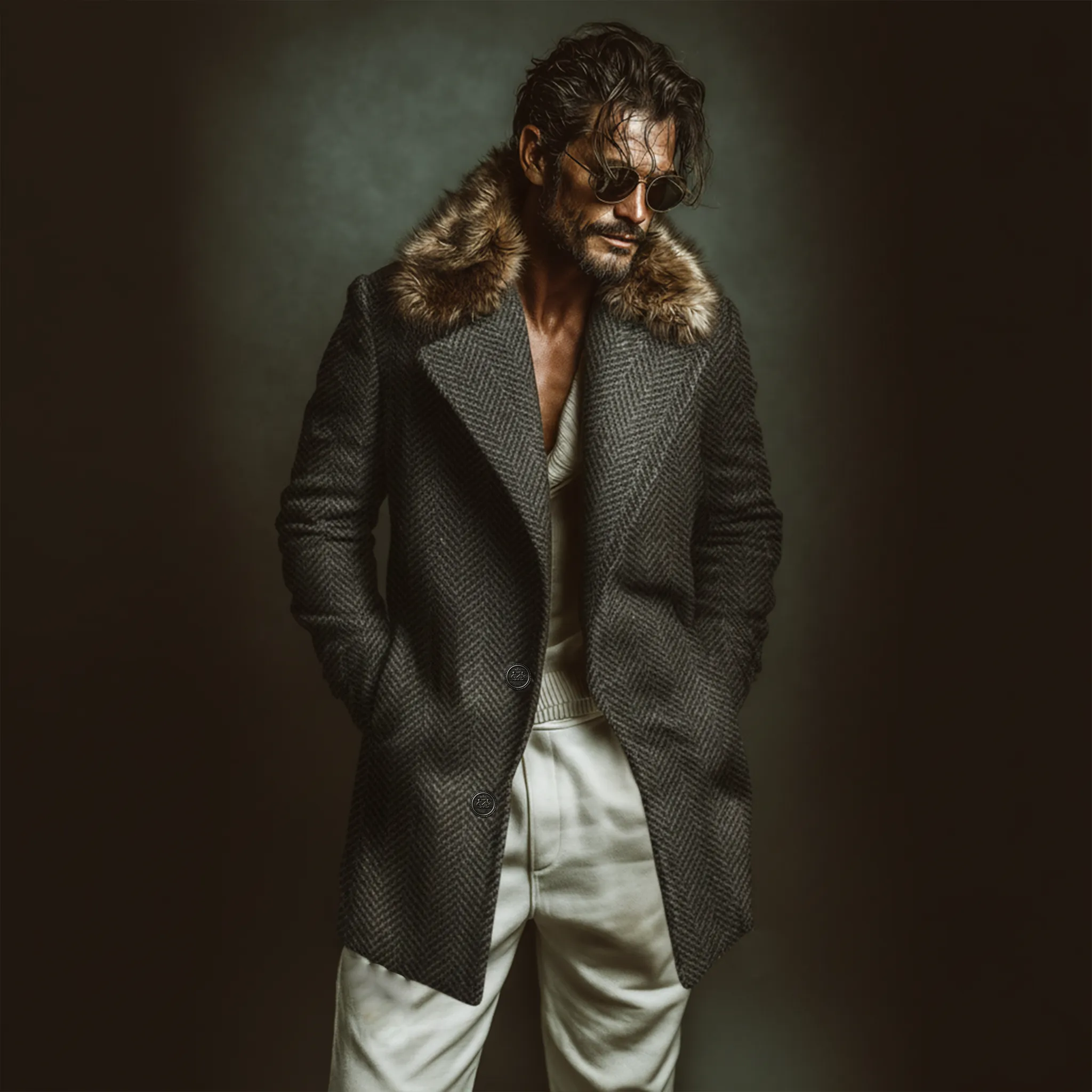 Men's Classic Casual Fur Collar Faux Herringbone Wool Single-breasted Coat MTA3010J1K sold by Manly product image thumbnail 2