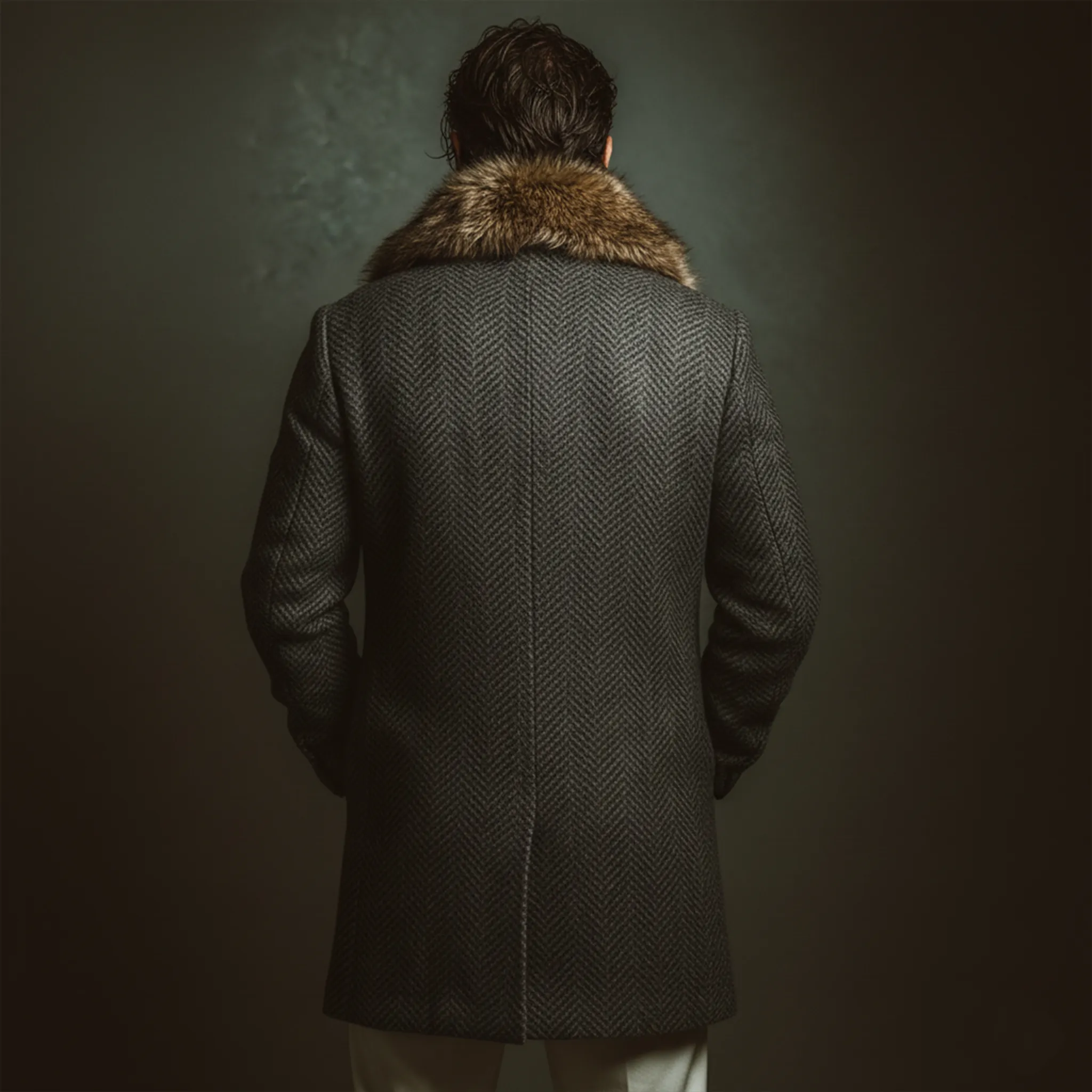 Men's Classic Casual Fur Collar Faux Herringbone Wool Single-breasted Coat MTA3010J1K sold by Manly product image thumbnail 4