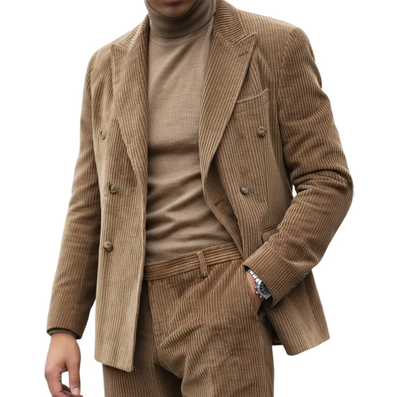 Men's Classic Camel Corduroy Double-Breasted Double-Slit Blazer MTA3095J7U sold by Manly