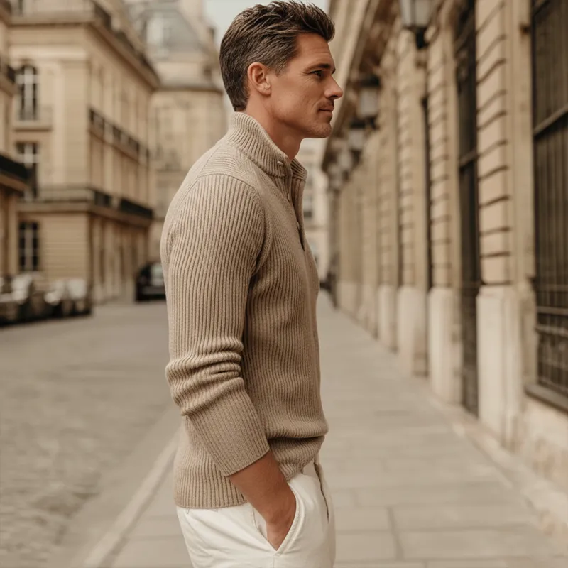 Men's Classic Camel-colored Button-down Stand-collar Striped Knit Sweater MTA2972J1U sold by Manly product image thumbnail 3