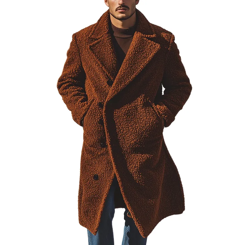 Men's Retro Solid Color Loose Fleece Lapel Button-Down Long Coat MTA3080J8X sold by Manly