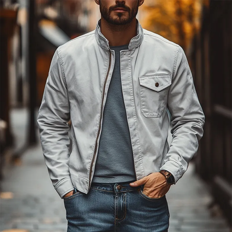 Men's Casual Solid Color Stand Collar Zip-Up Jacket MTA3043J6X sold by Manly product image thumbnail 2