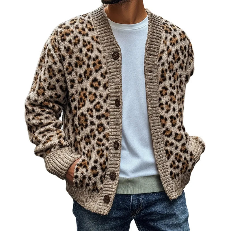 Men's Leopard Print Jacquard V-Neck Knit Cardigan MTA3088J3X sold by Manly