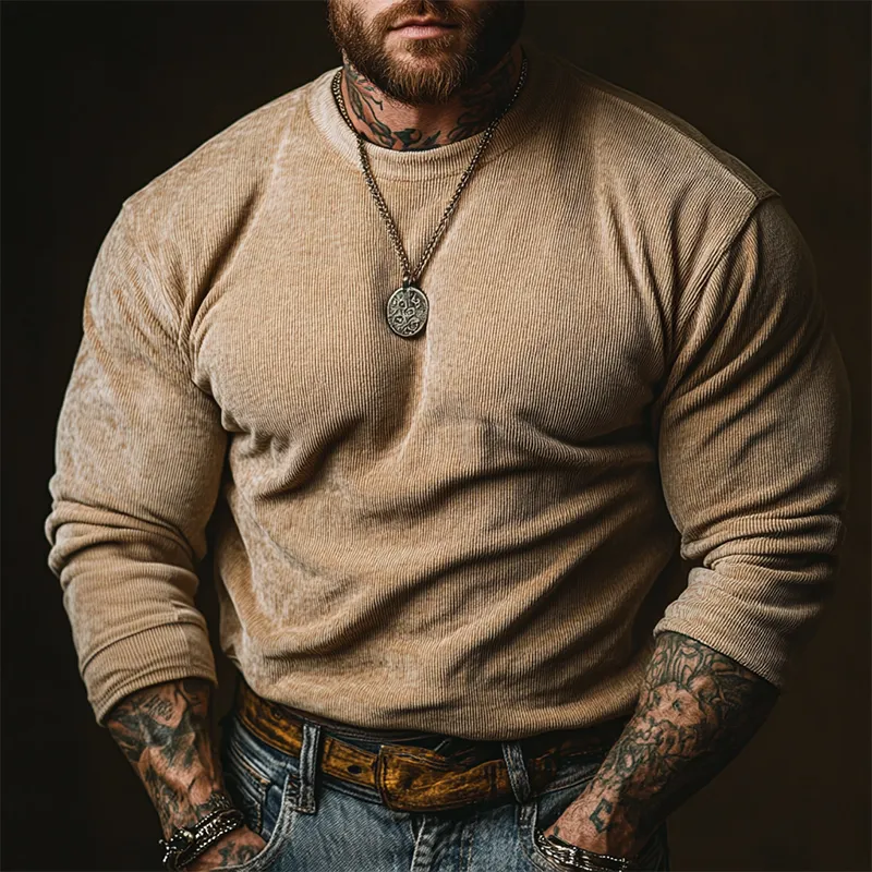 Men's Retro Solid Color Crew Neck Corduroy Long Sleeve Sweatshirt MTA3036J3X sold by Manly product image thumbnail 2