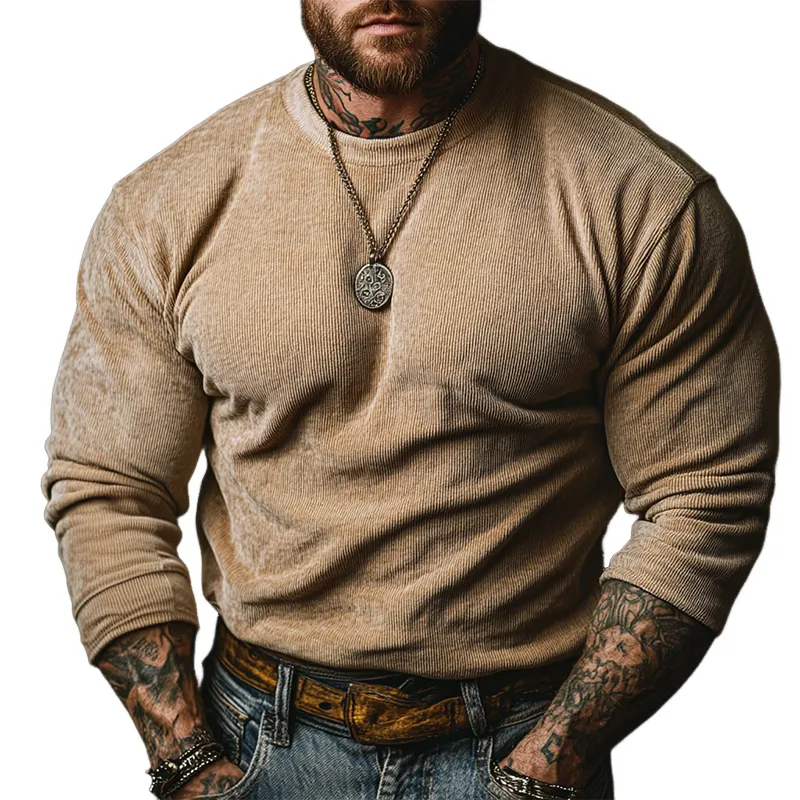 Men's Retro Solid Color Crew Neck Corduroy Long Sleeve Sweatshirt MTA3036J3X sold by Manly