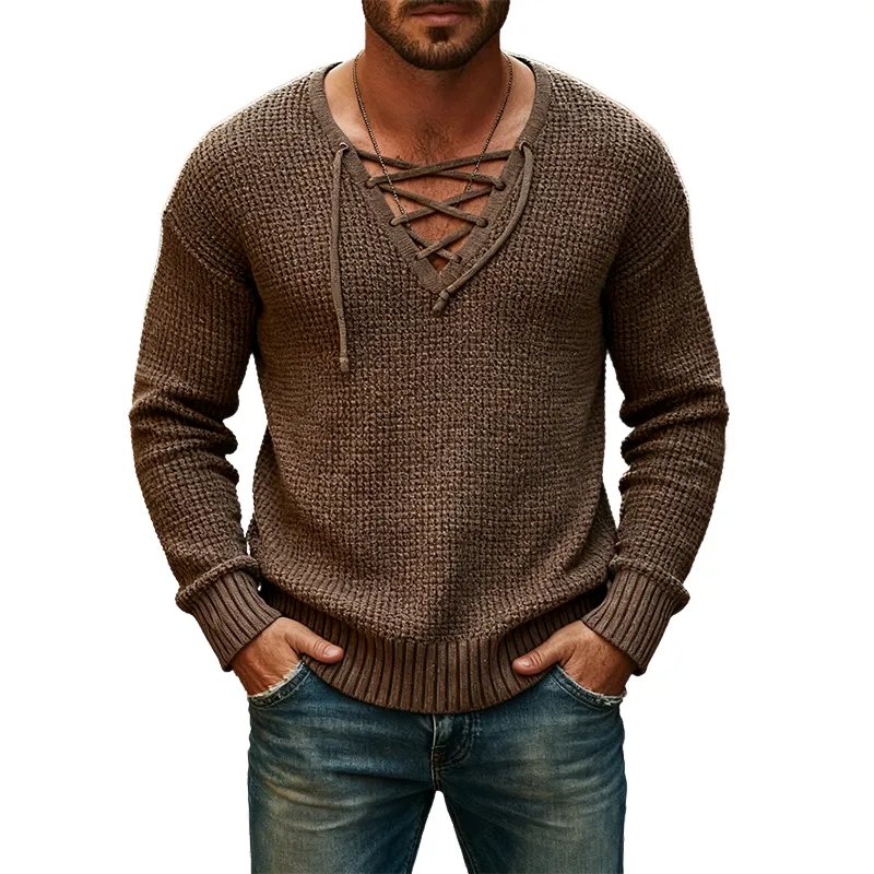 Men's Solid Color Knitted Belted V-neck Long-sleeved Sweater MTA2992J6X sold by Manly
