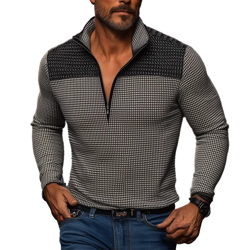 Men's Winter Retro Houndstooth Cotton Blend Patchwork Half-Zip Warm Sweatshirt MTA3037J7P sold by Manly