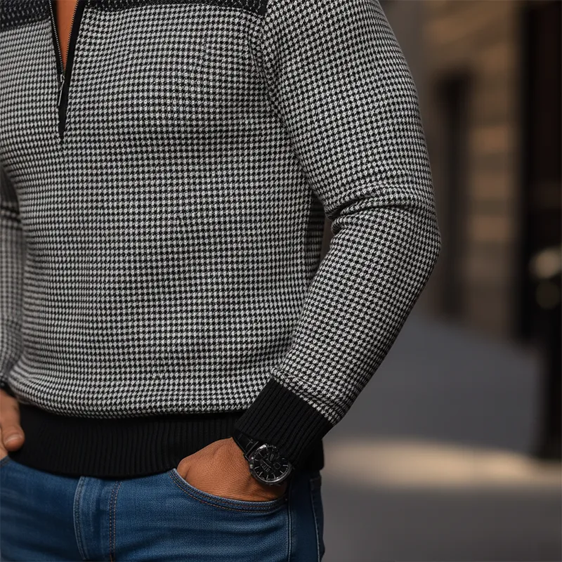 Men's Winter Retro Houndstooth Cotton Blend Patchwork Half-Zip Warm Sweatshirt MTA3037J7P sold by Manly product image thumbnail 4